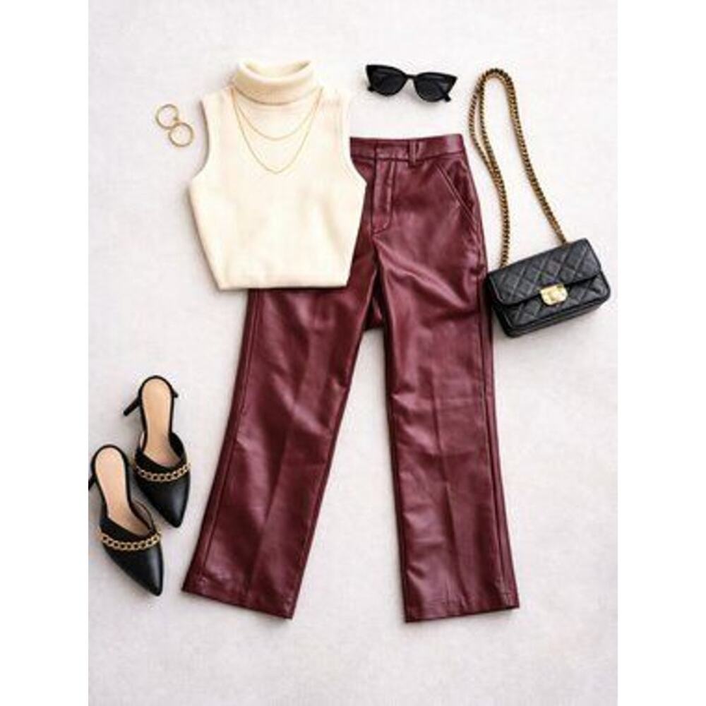 Central Park West Burgundy Faux Leather Pants Cropped Straight Leg Size S NWT - Picture 2 of 5